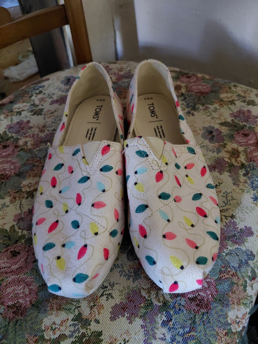 Toms White Canvas Slip-Ons with Pink, Teal & Yellow Leaf Print